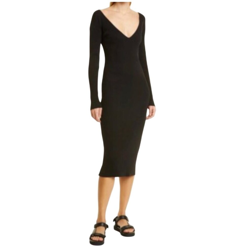 Vince Black Ribbed V-Neck Long Sleeve Midi Dress – Size XL New With Tags